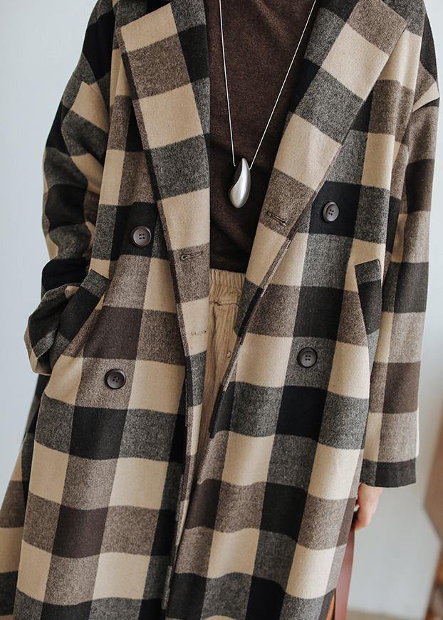 Loose Fitting Medium Length Coat Plaid Pockets Notched Woolen Coats