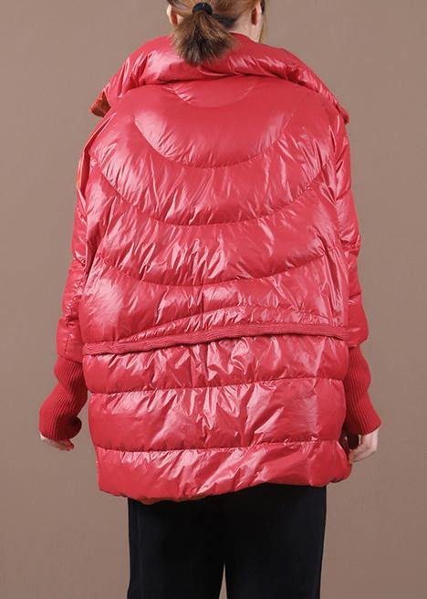 Loose Fitting Snow Jackets Coats Red Stand Collar Patchwork Down Coat Winter