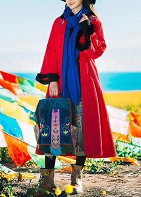 Loose Fitting Snow Jackets Embroidery Coats Red Faux Fur Collar Coat