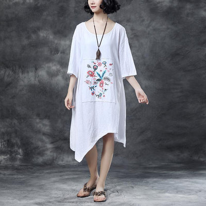 Midi-length Cotton Dress Loose Round Neck Embroidered Irregular Cotton Dress