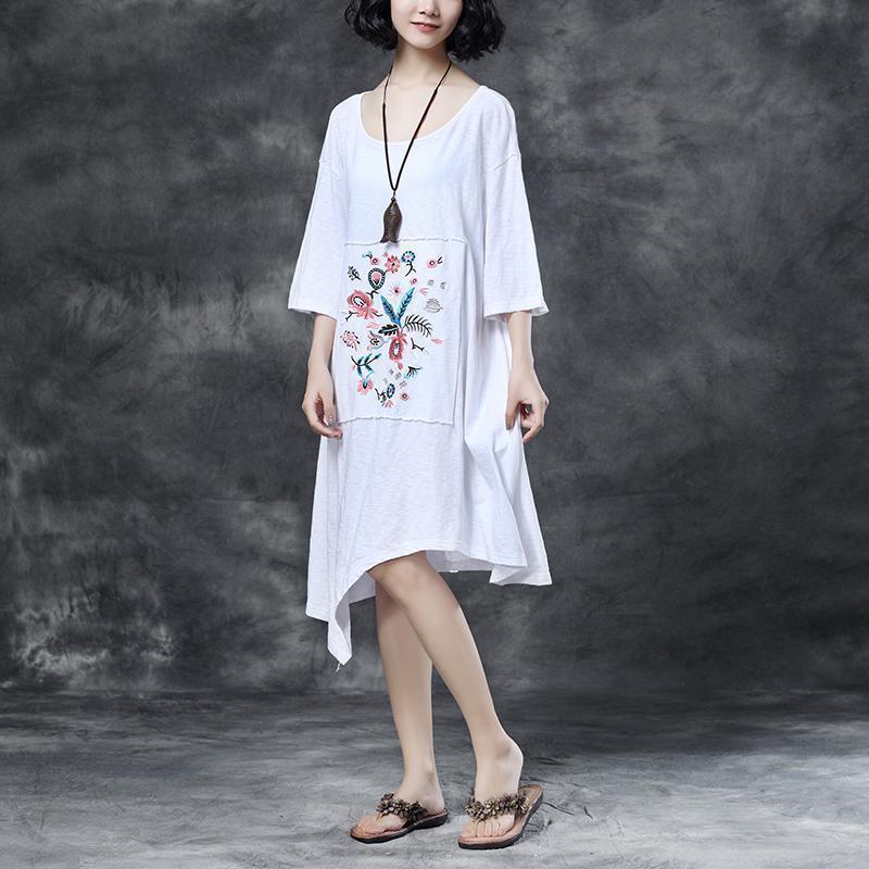 Midi-length Cotton Dress Loose Round Neck Embroidered Irregular Cotton Dress