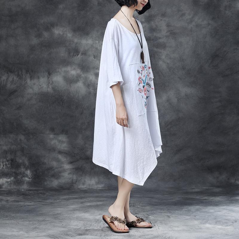 Midi-length Cotton Dress Loose Round Neck Embroidered Irregular Cotton Dress