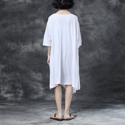 Midi-length Cotton Dress Loose Round Neck Embroidered Irregular Cotton Dress