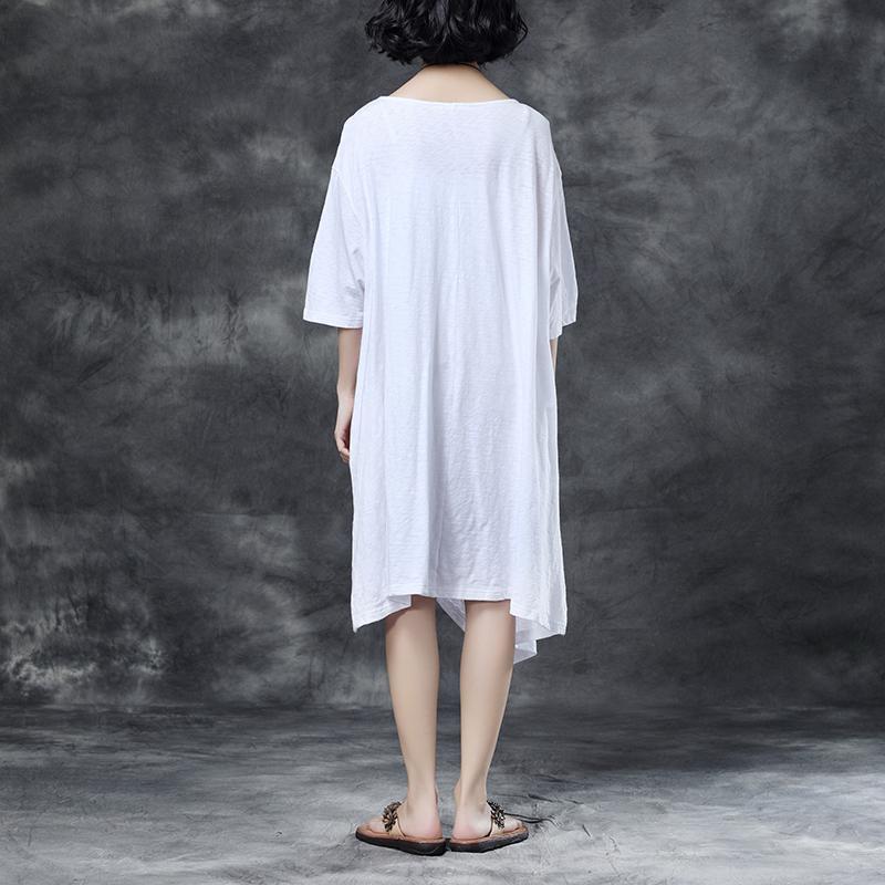Midi-length Cotton Dress Loose Round Neck Embroidered Irregular Cotton Dress