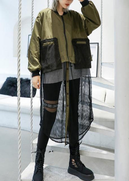 Army Green Coats Loose Pockets Patchwork Coat
