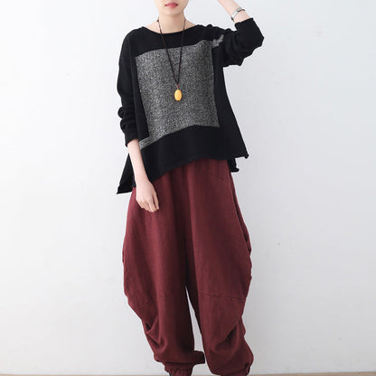 Black Knit Sweaters Fall Patchwork Sweaters New O Neck Fall Blouse