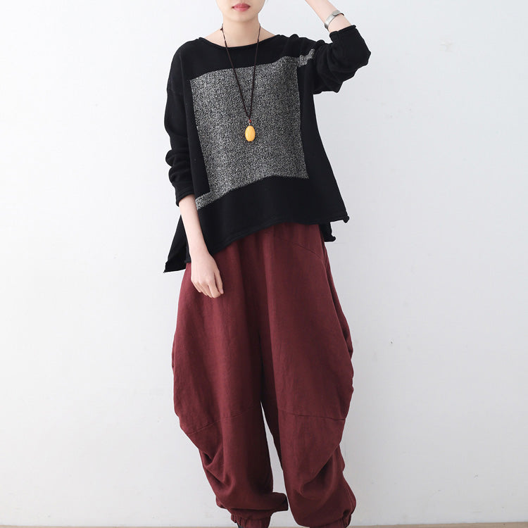 Black Knit Sweaters Fall Patchwork Sweaters New O Neck Fall Blouse