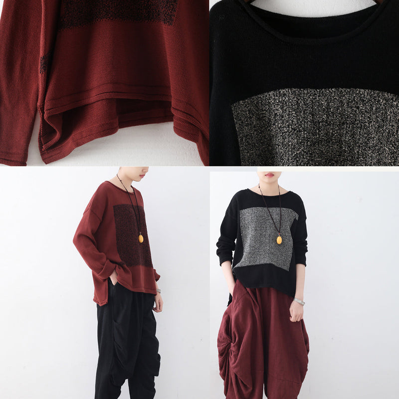 Black Knit Sweaters Fall Patchwork Sweaters New O Neck Fall Blouse