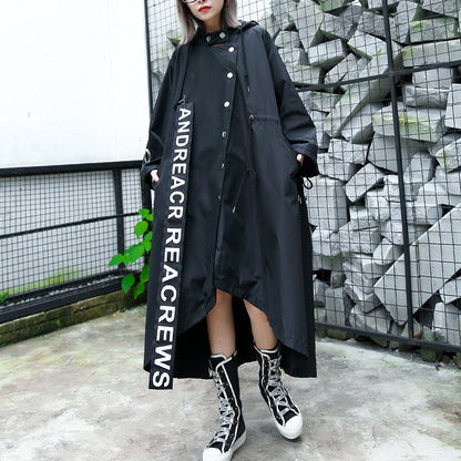 Black Coat Hooded Asymmetric Trench Coat Tie Waist Print Coats