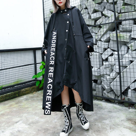 Black Coat Hooded Asymmetric Trench Coat Tie Waist Print Coats