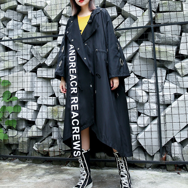 Black Coat Hooded Asymmetric Trench Coat Tie Waist Print Coats