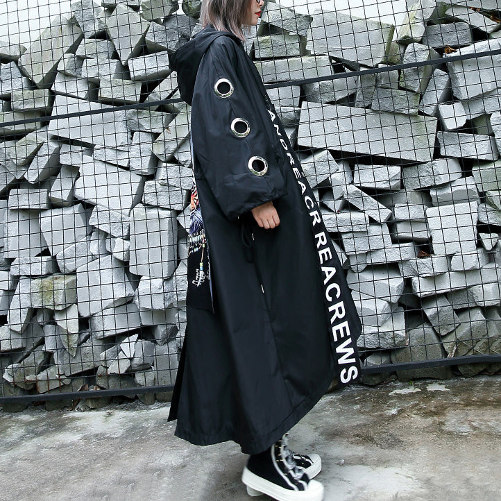 Black Coat Hooded Asymmetric Trench Coat Tie Waist Print Coats