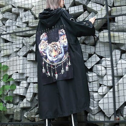 Black Coat Hooded Asymmetric Trench Coat Tie Waist Print Coats
