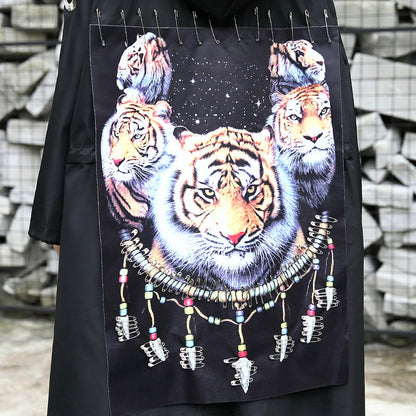 Black Coat Hooded Asymmetric Trench Coat Tie Waist Print Coats