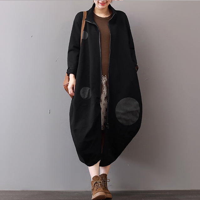 Black Coats Clothing Zippered Winter Coat Lapel Collar Maxi Coat