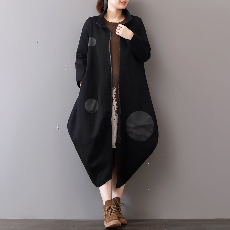 Black Coats Clothing Zippered Winter Coat Lapel Collar Maxi Coat