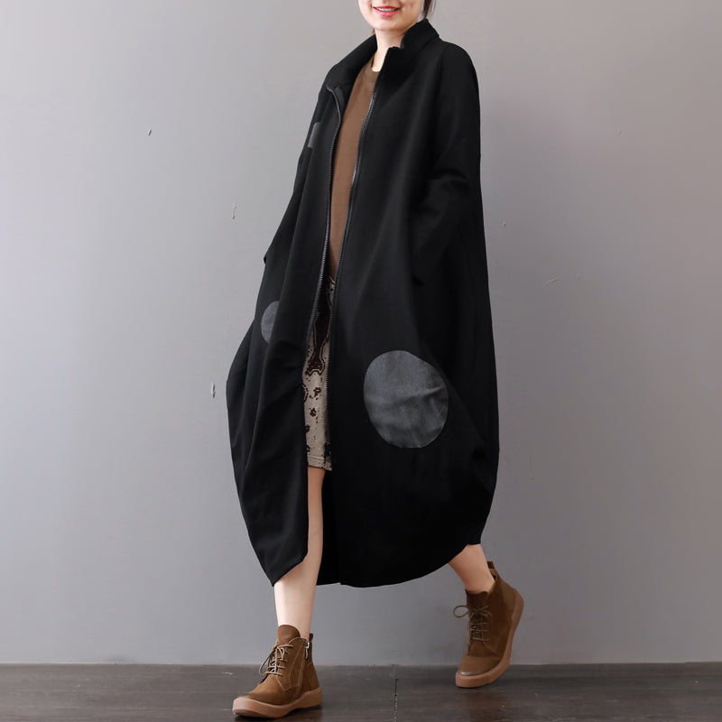 Black Coats Clothing Zippered Winter Coat Lapel Collar Maxi Coat