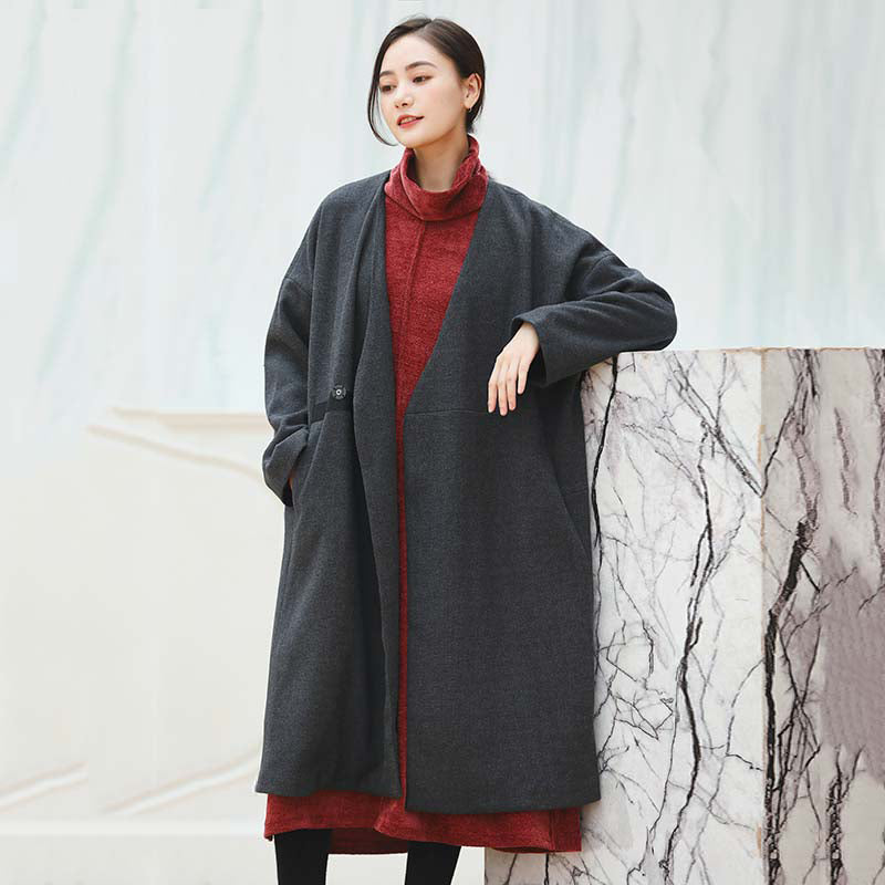 Black Coats V Neck Outwear Baggy Pockets Wool Jackets