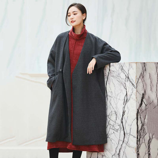 Black Coats V Neck Outwear Baggy Pockets Wool Jackets