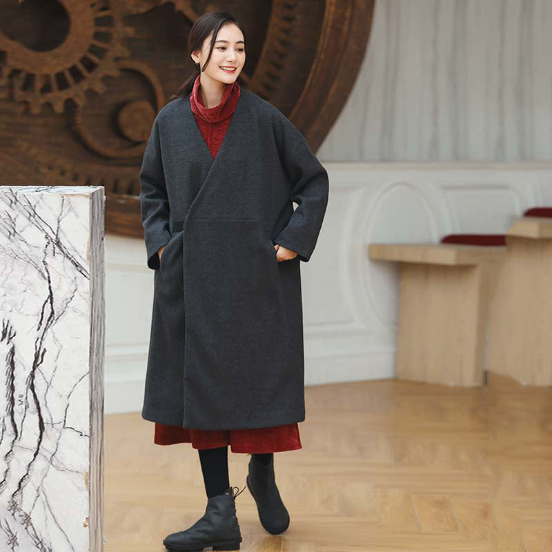 Black Coats V Neck Outwear Baggy Pockets Wool Jackets