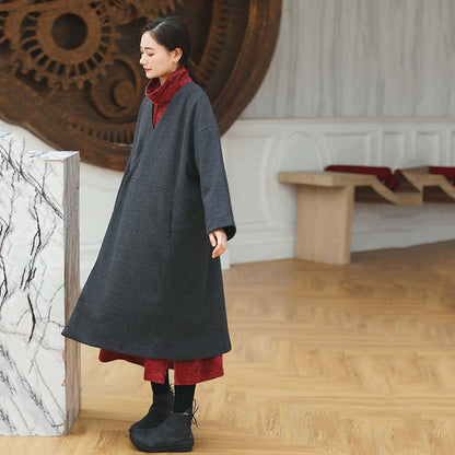 Black Coats V Neck Outwear Baggy Pockets Wool Jackets