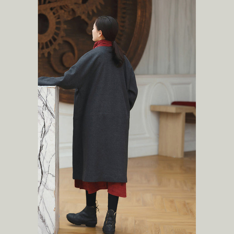 Black Coats V Neck Outwear Baggy Pockets Wool Jackets