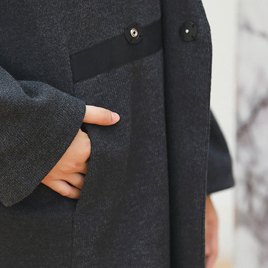 Black Coats V Neck Outwear Baggy Pockets Wool Jackets