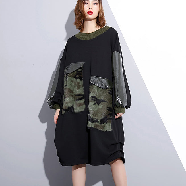 Black Loose Fitting Fall Dresses Patchwork Fine O Neck Cotton Dress