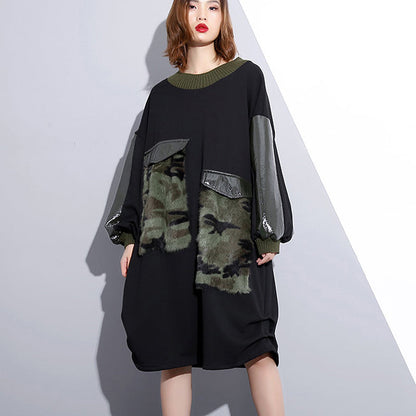Black Loose Fitting Fall Dresses Patchwork Fine O Neck Cotton Dress