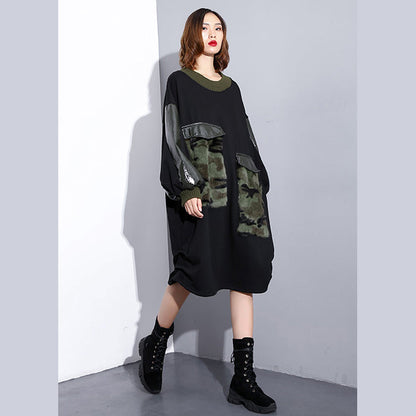 Black Loose Fitting Fall Dresses Patchwork Fine O Neck Cotton Dress