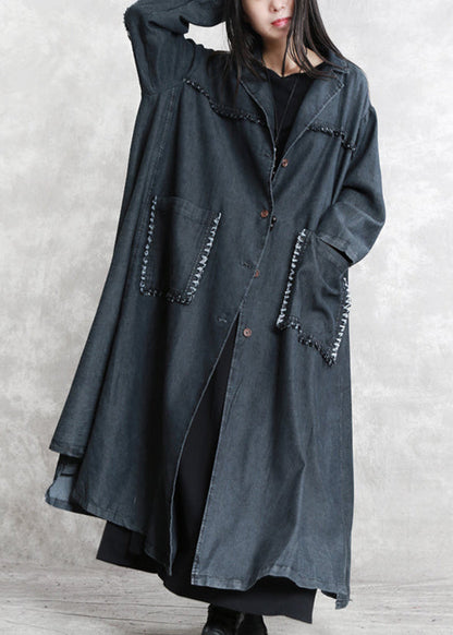 Black Winter Coat Oversized Notched Pockets Long Sleeve Denim Patchwork Long Coats