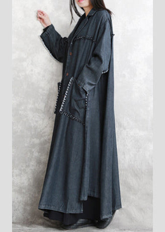 Black Winter Coat Oversized Notched Pockets Long Sleeve Denim Patchwork Long Coats