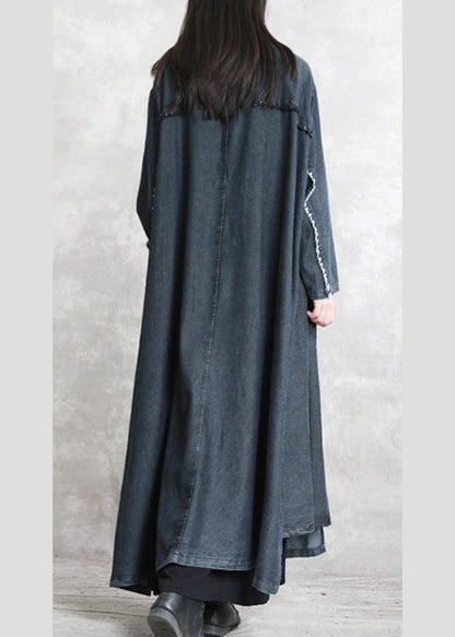 Black Winter Coat Oversized Notched Pockets Long Sleeve Denim Patchwork Long Coats
