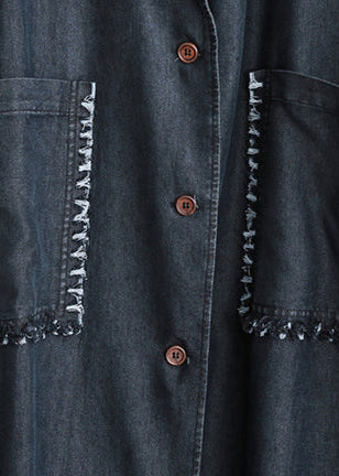 Black Winter Coat Oversized Notched Pockets Long Sleeve Denim Patchwork Long Coats