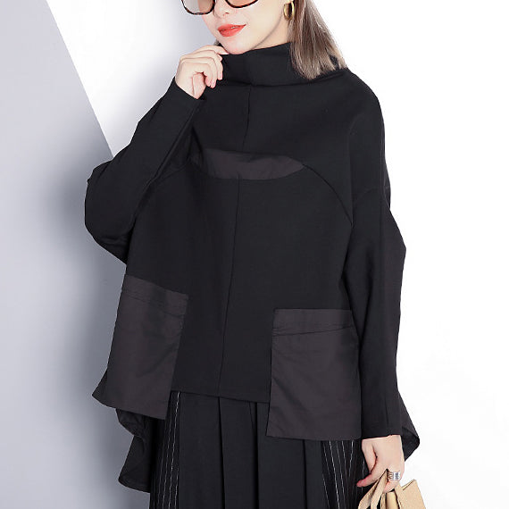 Black Cotton Blended Blouse Turtleneck Pockets Batwing Sleeve Patchwork Cotton Blended T Shirt