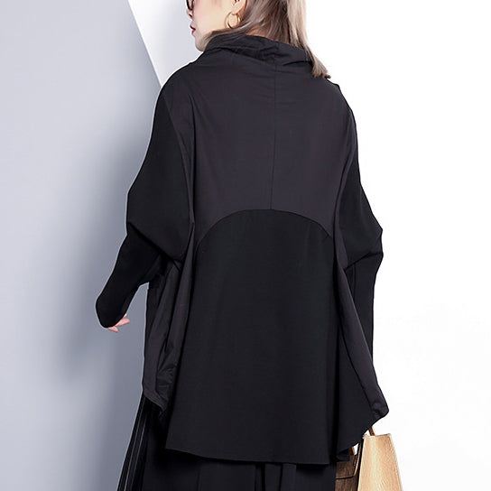 Black Cotton Blended Blouse Turtleneck Pockets Batwing Sleeve Patchwork Cotton Blended T Shirt
