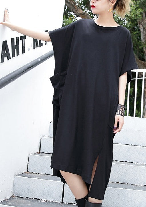 Black Cotton Dress Clothing Big Pockets Cotton Gown Side Open Kaftans