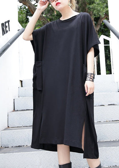Black Cotton Dress Clothing Big Pockets Cotton Gown Side Open Kaftans
