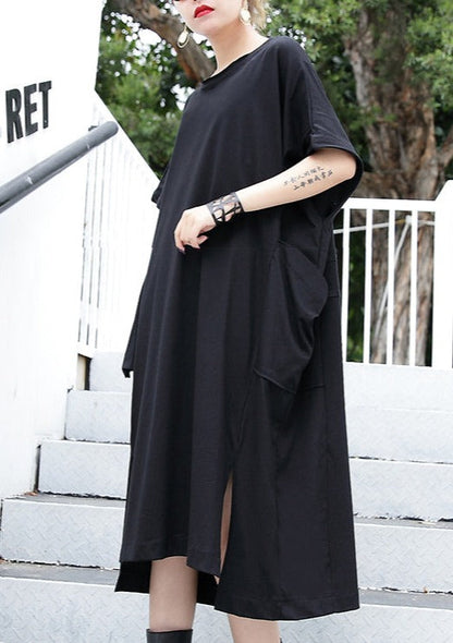 Black Cotton Dress Clothing Big Pockets Cotton Gown Side Open Kaftans