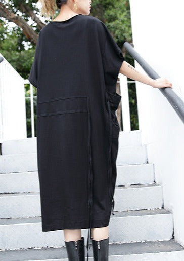 Black Cotton Dress Clothing Big Pockets Cotton Gown Side Open Kaftans