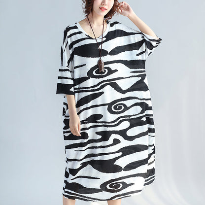 Black Cotton Knee Dress Dress New Short Sleeve Asymmetric Striped Cotton Dresses