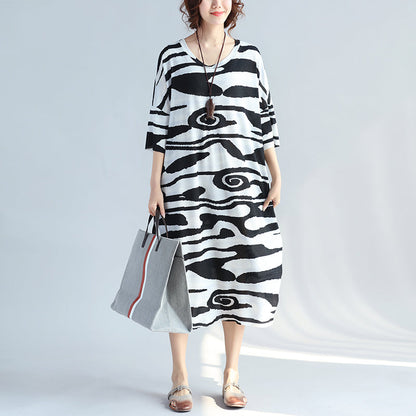 Black Cotton Knee Dress Dress New Short Sleeve Asymmetric Striped Cotton Dresses