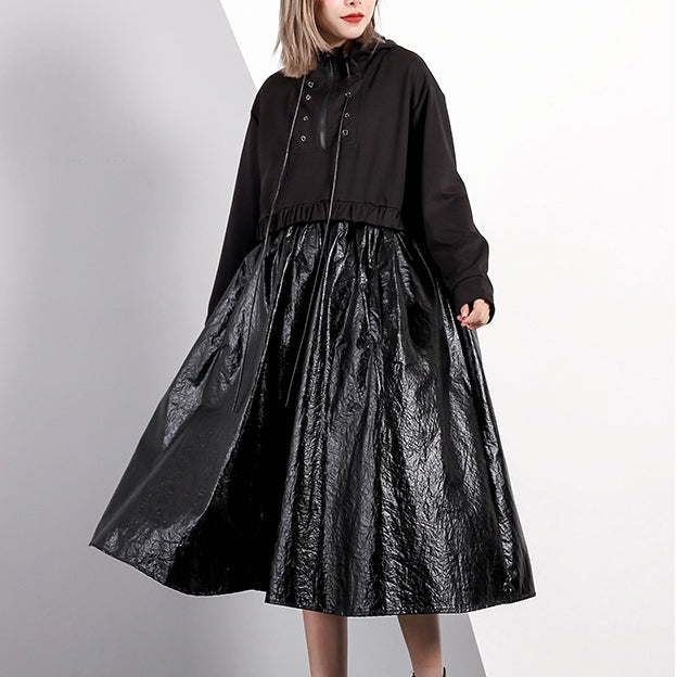 Black Fall Oversized Traveling Clothing Drawstring Hooded Patchwork Dresses
