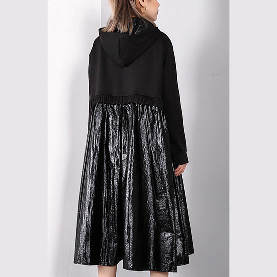 Black Fall Oversized Traveling Clothing Drawstring Hooded Patchwork Dresses