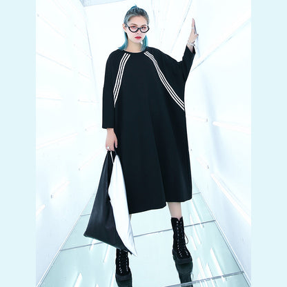 Black Knee Traveling Dress Batwing Sleeve Baggy Dresses Fine O Neck Cotton Dresses