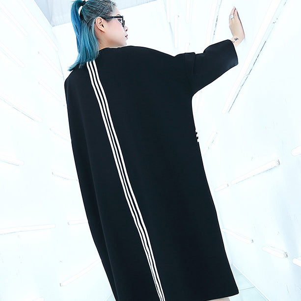 Black Knee Traveling Dress Batwing Sleeve Baggy Dresses Fine O Neck Cotton Dresses