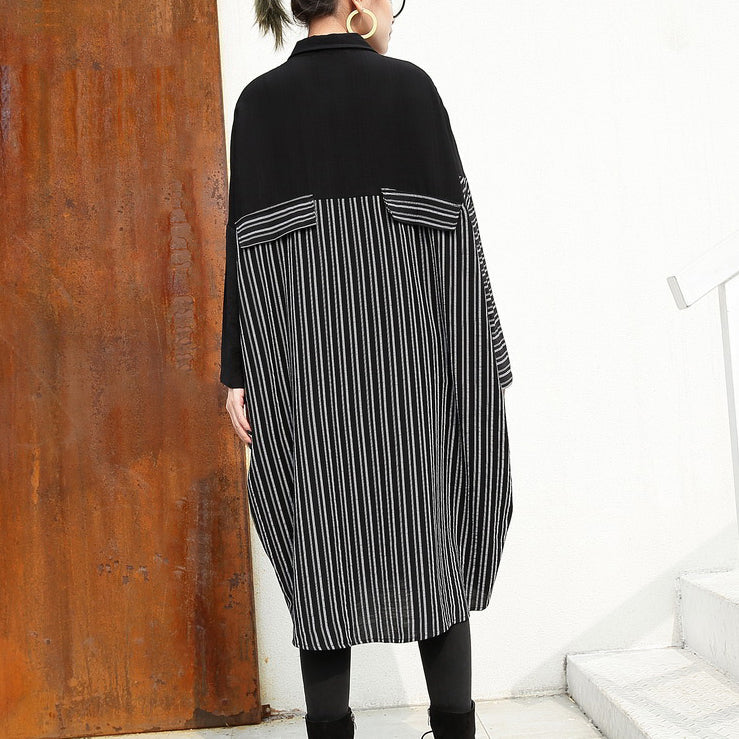 Black Linen Dresses Loose Fitting Linen Clothing Dresses Fine Patchwork Striped Cotton Clothing