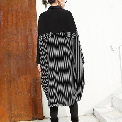 Black Linen Dresses Loose Fitting Linen Clothing Dresses Fine Patchwork Striped Cotton Clothing