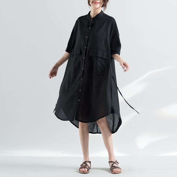 Black Natural Cotton Dress Oversize Clothing Dresses Half Sleeve Stand Natural Cotton Dress
