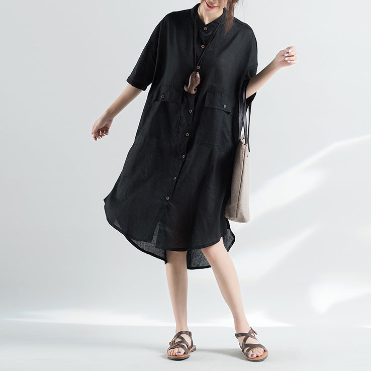 Black Natural Cotton Dress Oversize Clothing Dresses Half Sleeve Stand Natural Cotton Dress